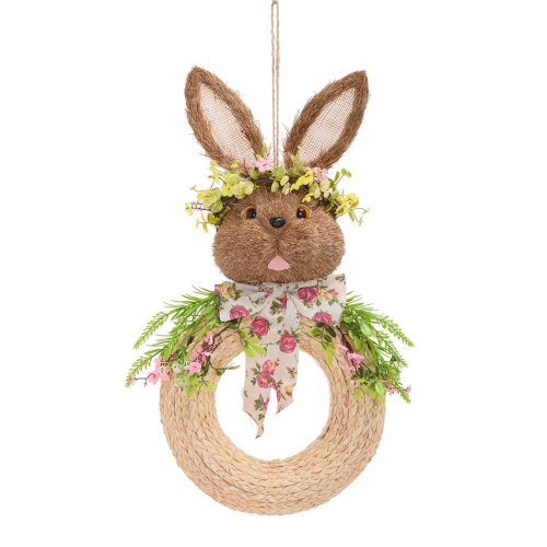 Záves veniec zajac s kvetmi slama 29*60cm