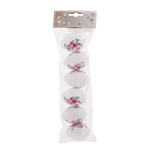 Záves vajíčka biele s kvetmi s/6 plast 6cm - Veľkonočné vajíčka