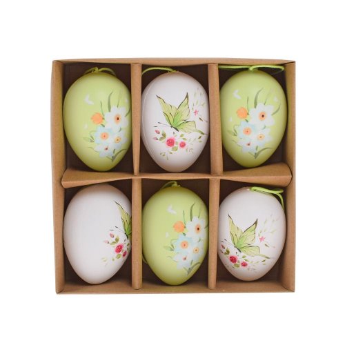 Záves vajíčka bielo-zelené motýľ/kvet s/6 plast 6cm - Veľkonočné vajíčka