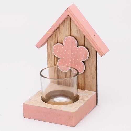 Drev. svietnik domček kvietok ružový 14x10,5x9