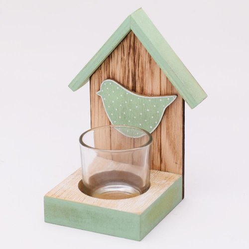 Drev. svietnik domček vtáčik modrý 14x10,5x9