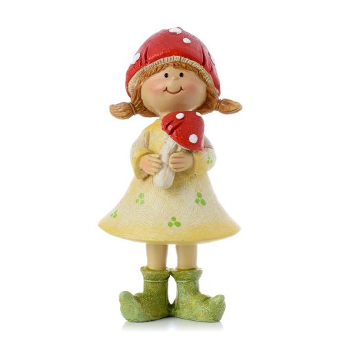 Dievča/chlapec žlt/zel s čer. klobúkom a muchotrávkou poly 5.5*4.5*14