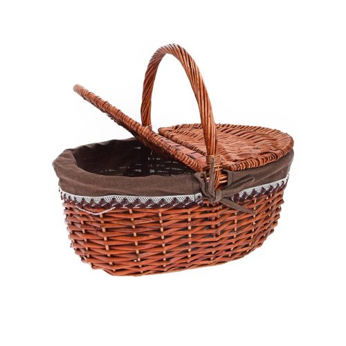Prút. piknikový košík ovál tm. hnedá s rúčkou tm.hnedá látka 38x28x17x36cm