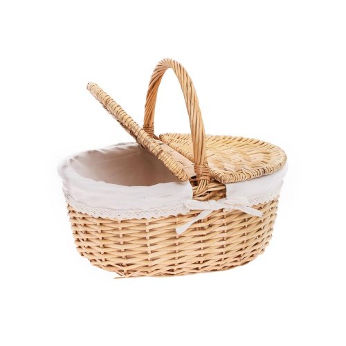 Prút. piknikový košík ovál sv. hnedá s rúčkou biela látka 38x28x17x36cm