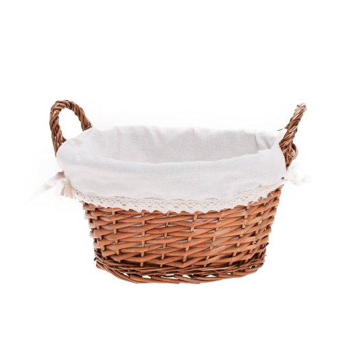 Prút. košík ovál hnedý s rúčkou biela látka 29x23x15cm - Jesenné dekorácie