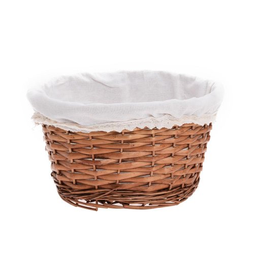 Prút. košík ovál hnedý biela látka 29x23x15cm
