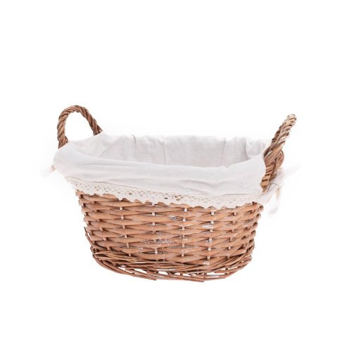 Prút. košík ovál šedý s rúčkou biela látka 29x23x15cm