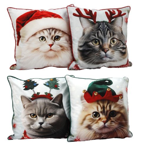 Vankúš s motívom mačka v klobúku 45x45cm - Vianočné dekorácie