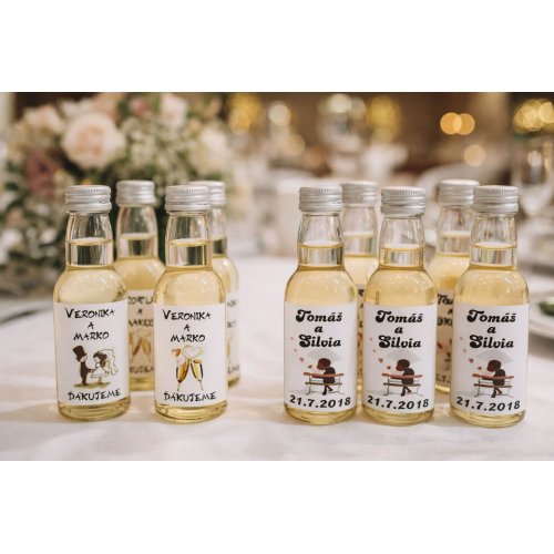 Svadobné mini fľaštičky s vlastnou grafikou, rôzne druhy alkoholu