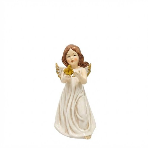 Anjel s vtáčikom bie/zla porc. 10,6*9,3*17,4cm - Vianočné dekorácie a ozdoby