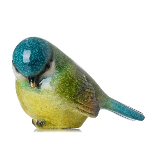 Vták zel/mod/žl polyrez 7,8x6,5x8,8cm