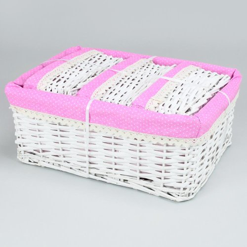 Prútený košík s/4 biely vzor ruž.bodka l:40x30x16cm s:24x16x11cm