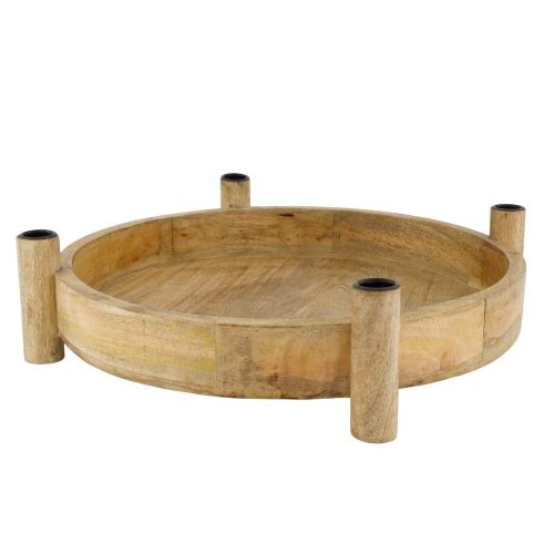 Okrúhly podnos z mangového dreva so svietnikmi 38x43x10cm - Umelé kvety