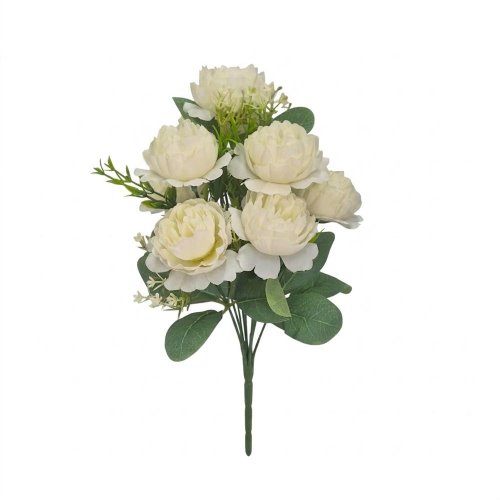 Kytica pivonka biela,  drob.kvety,zeleň 35cm - Umelé kvety