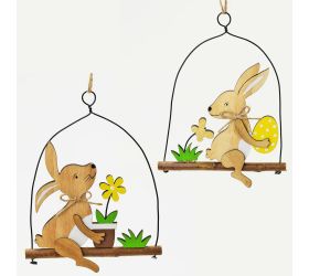 Drevený zajac na hojdačke: Hravá dekorácia 10x14 cm
