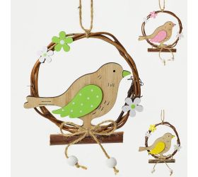 Drevený vtáčik na pníku: Závesná dekorácia 10 cm