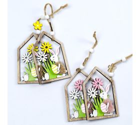 Domček záves so zajacom  drevo s/2 mix f 6.5x10.5cm