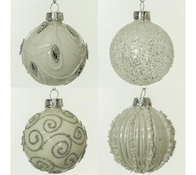 Guľa sklo mix 4 druhy 6cm biel/strieb bal:4ks