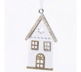 Drevený domček záves biela+zlatá 4,5x0,7x8cm