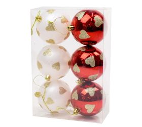 Vianočné guličky vzor červ.biele plast  s/6 8cm