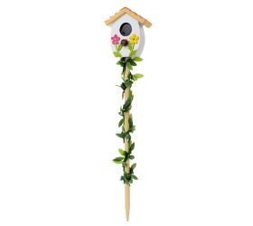 Zápich búdka biela s kvetinami drevo/poly 5,2*3,1*5,7cm