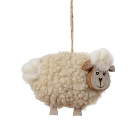 Záves ovečka béž kožúšok bie/hn drevo 12*3,5*18cm