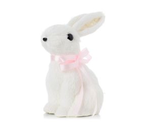 Zajac biely sediaci s ružovou stužkou priadza 14*12*19cm