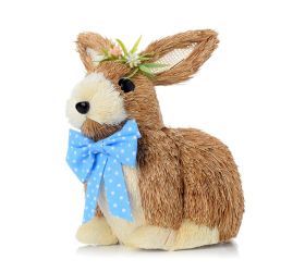 Zajac sediaci hnedý s modrou mašlou a venčekom slama 14*12*16cm
