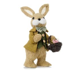 Zajac stojaci zel/žlt oblečenie košík s kvetmi, priadza 14*18*32cm