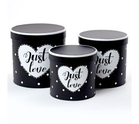 Darčeková krabička valec čierna+srdce s/3 19x19cm