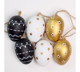 Záves vajce plast s/6 6cm zlatá/čierna/biela