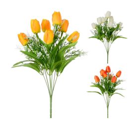 Kytica tulipán, biele kvietky, zeleň mix/f 36cm