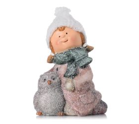 Dievča ruž. kabátik so siv sovičkou glit. poly 9*7*12cm