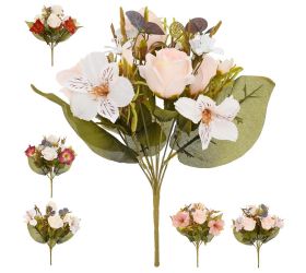 Kytica ruža, alstromeria, drob. kvety, zeleň 6f 36cm