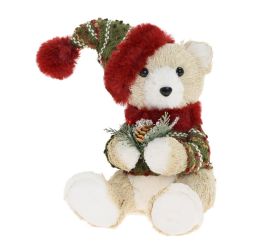 Medveď sediaci krém, čiapka,sveter, polyst/textil 16*15*27cm