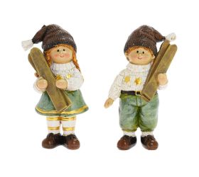 Chlapec, dievča s lyžami hne/zel mix/2 poly 5*3,5*10,5cm