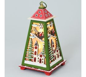 Drev.lampáš zelený+santa 14x14x27,5cm