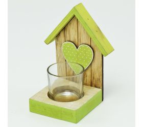 Drev. svietnik domček srdce zelený 14x10,5x9