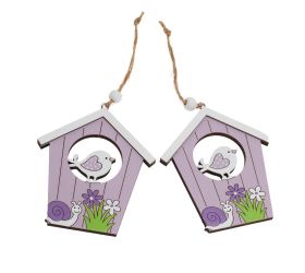 Záves domček s vtáčikom drevo s/2 9x10cm fialový