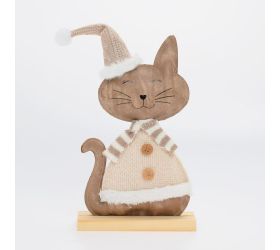 Mačka hne/béž um. koža/ drevo 19*5*25,5cm