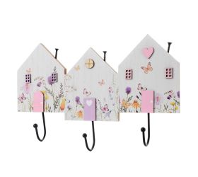 Vešiak domčeky kvet. motív bie/ruž/fia drevo 30*18*4cm