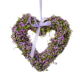 Srdce ratan/ mach zelený, fial. kvietky, mašla 21*21*4