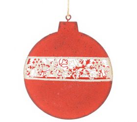 Záves červená guľa vyrezávaná kov 12x10,5x1,5cm super cena