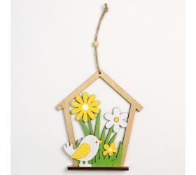 Záves domček kvety drevo 13,2x1,5x15,3cm žltý