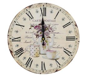 Hodiny nástenné mdf dia 34cm čajník s kvetmi