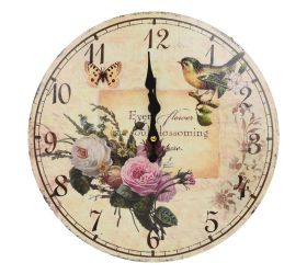 Hodiny nástenné mdf dia 34cm ruže+vták