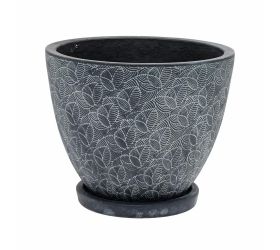 J83 kvetináč + miska okrúhly leaf čierna 30h24,5cm m