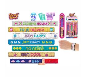 Náramok secret bandz 23cm s českým nápisom a flitrami na karte
