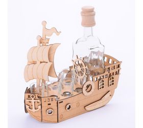 597 loď/poháre drevo+sklo 28x24x11cm