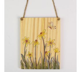 Záves tabuľka kvety drevo 13x10x1cm natur